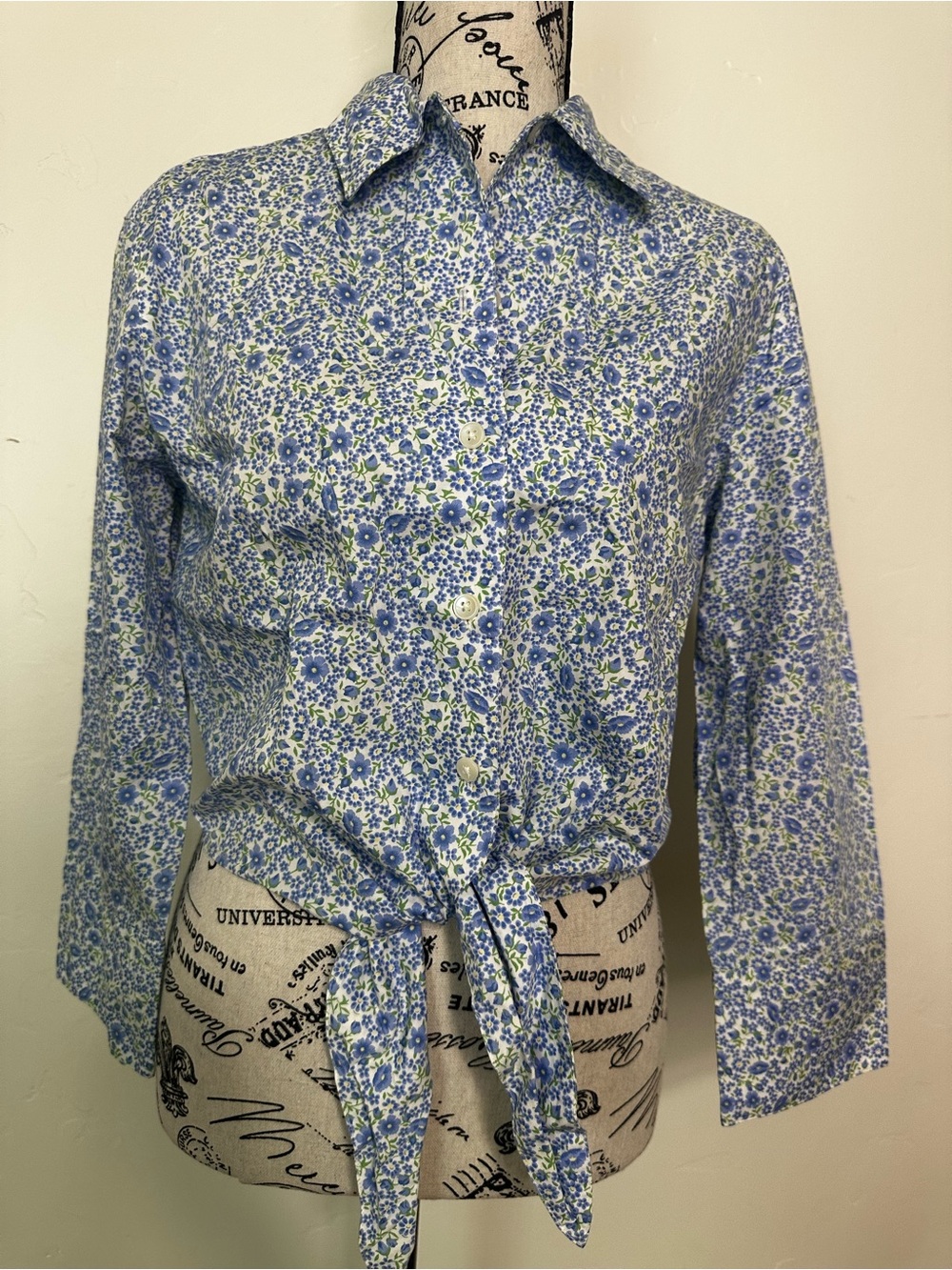 Talbots Blue and Green Floral Tie-Front Button-Down Shirt